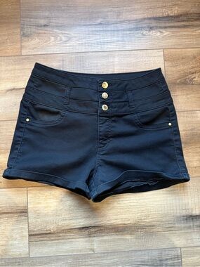 refuge High-Waist Black Shorts with Triple Gold Buttons
